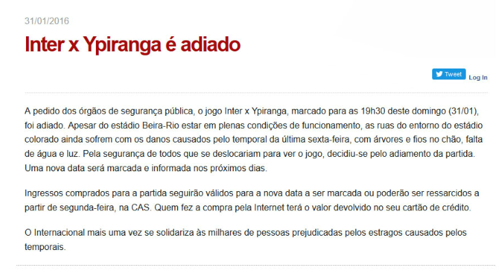  Internacional foi apenas um dos muitos clubes que tiveram jogos adiados neste início de Estaduais 2016!