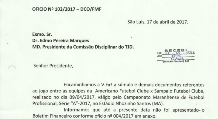  Ofício enviado pela FMF ao TJD em busca do borderô da partida entre Americano e Sampaio Corrêa!