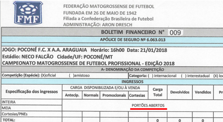  Borderô da FMF não contabilizou o público da partida entre Poconé e Araguaia pelo Estadual Mato-grossense 2018!