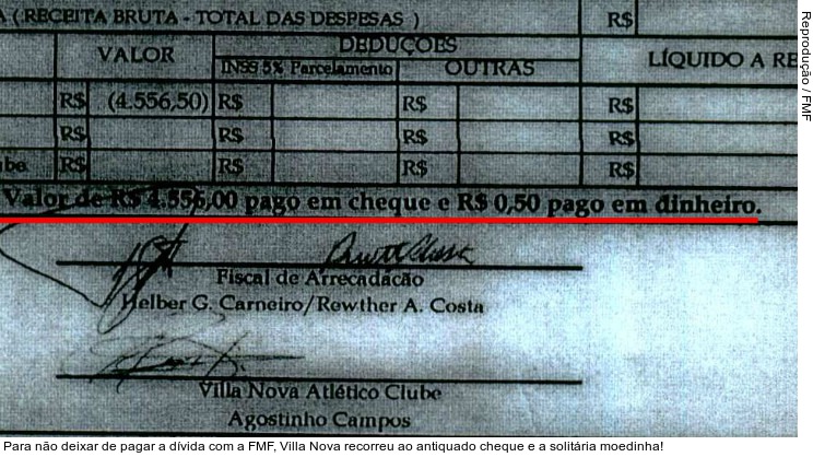  Para não deixar de pagar a dívida com a FMF, Villa Nova recorreu ao antiquado cheque e a solitária moedinha!